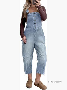 Loose Fit Crop Harem Denim Jumpsuit Overalls High Waist Solid